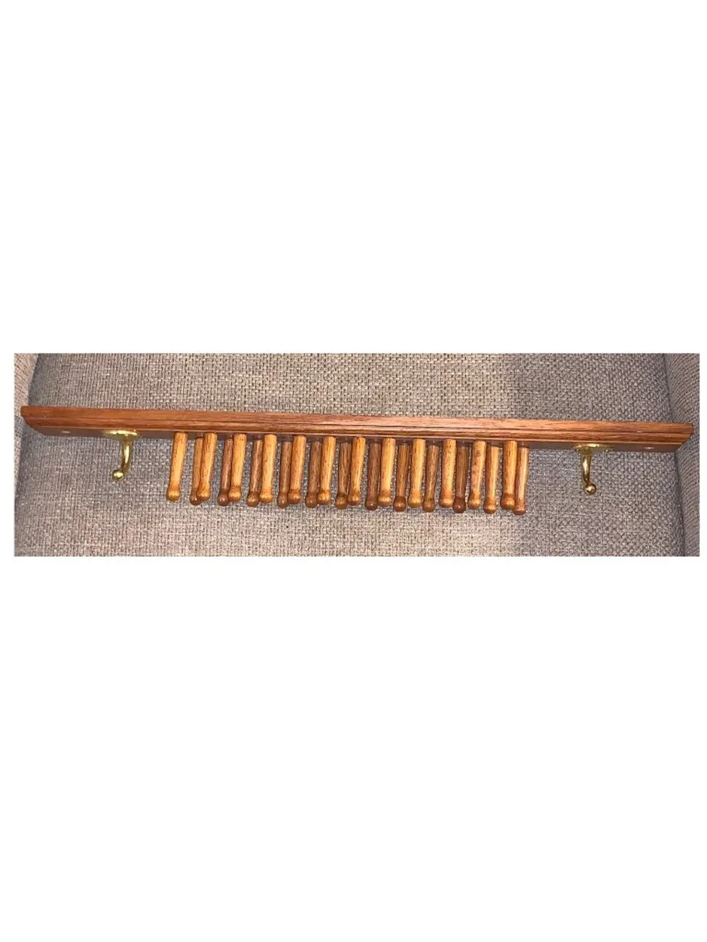Vintage Tie, Belt, Scarf Wood Rack Holder Wall Mount w/ 24 Pegs & 2 Brass Hooks